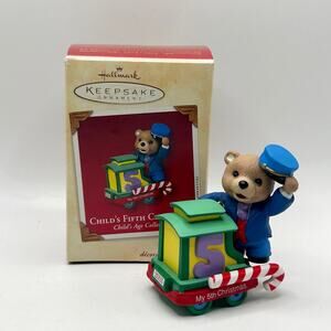 Child 5th Christmas Hallmark Ornament Keepsake Box Peppermint Express Bear 2002